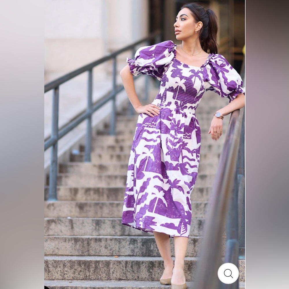 NEW Jessie Zhao Malie Smocked Purple Midi Dress Size Small